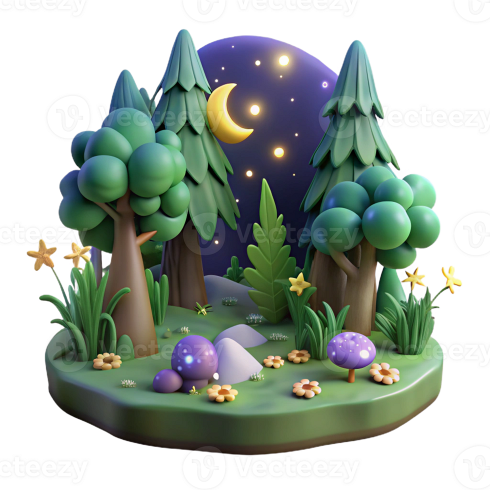 Nighttime Forest Scene with Crescent Moon and Stars png
