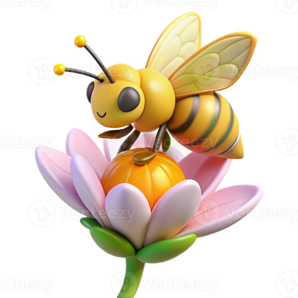 Cute Bee 3D Model on Flower png