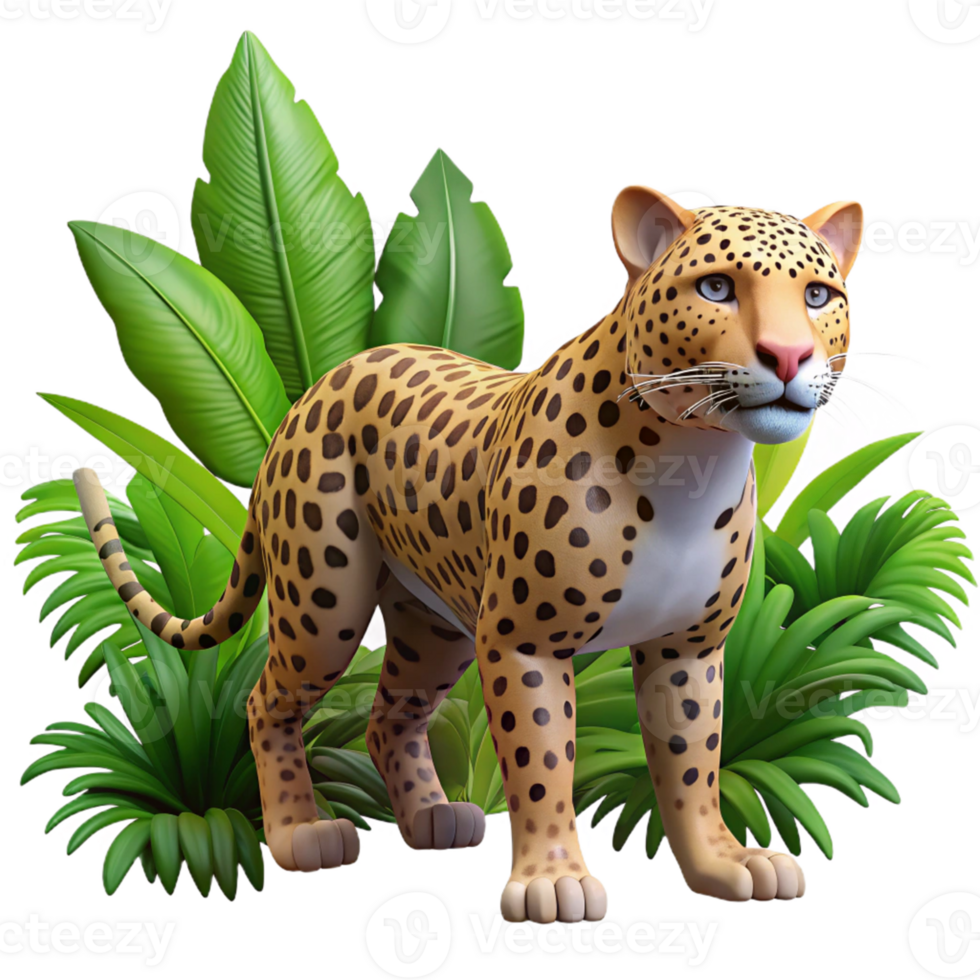 3D Leopard Illustration with Green Leaves png