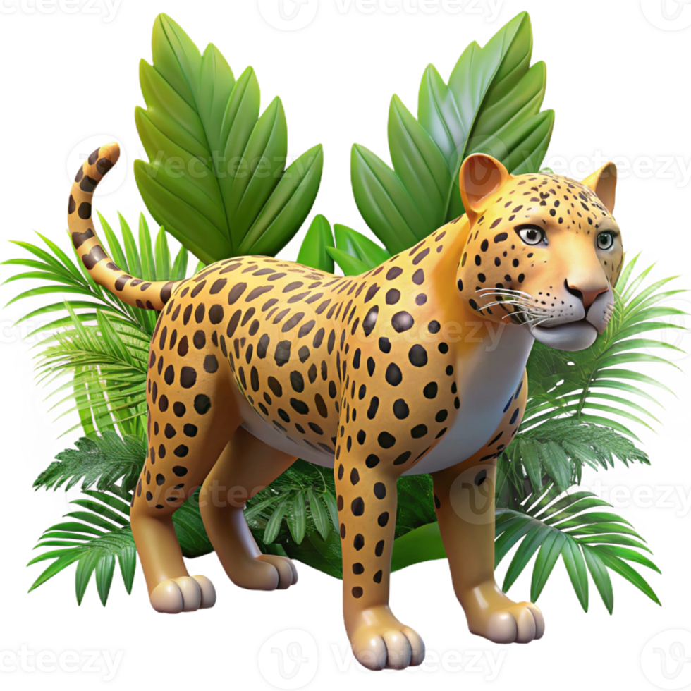 Leopard 3D Render Jungle Leaves png