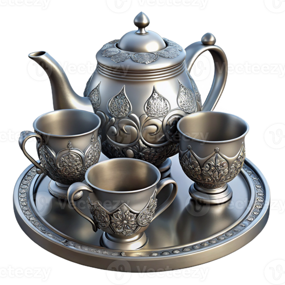 Silver Teapot with Cups and Tray 3D Illustration png