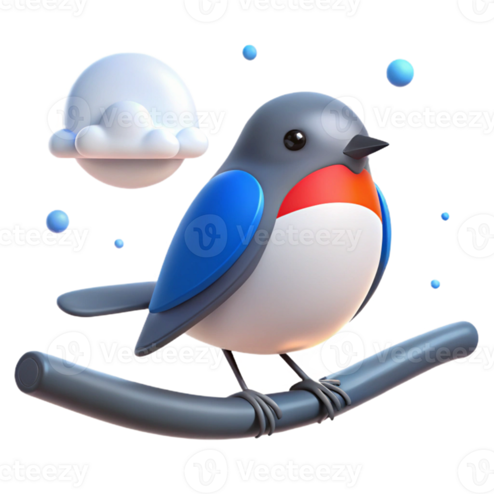 3D Cartoon Bird on Branch with Cloud png
