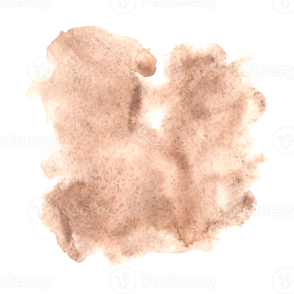 Watercolor stain of spilled coffee. Hand drawn illustration of mocha mousse splash. Abstract brown background of mixing paints. Pastel blobs of ink. Texture of burnt paper. Clipart for card, sticker. png