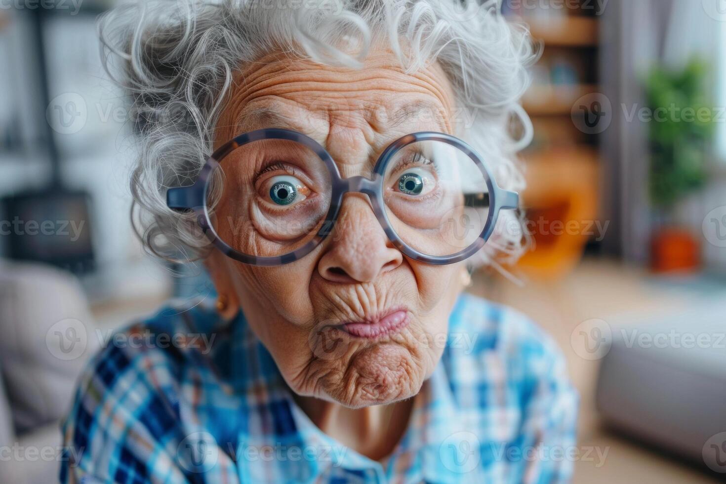 Quirky elderly woman with large glasses making a funny face in living room photo