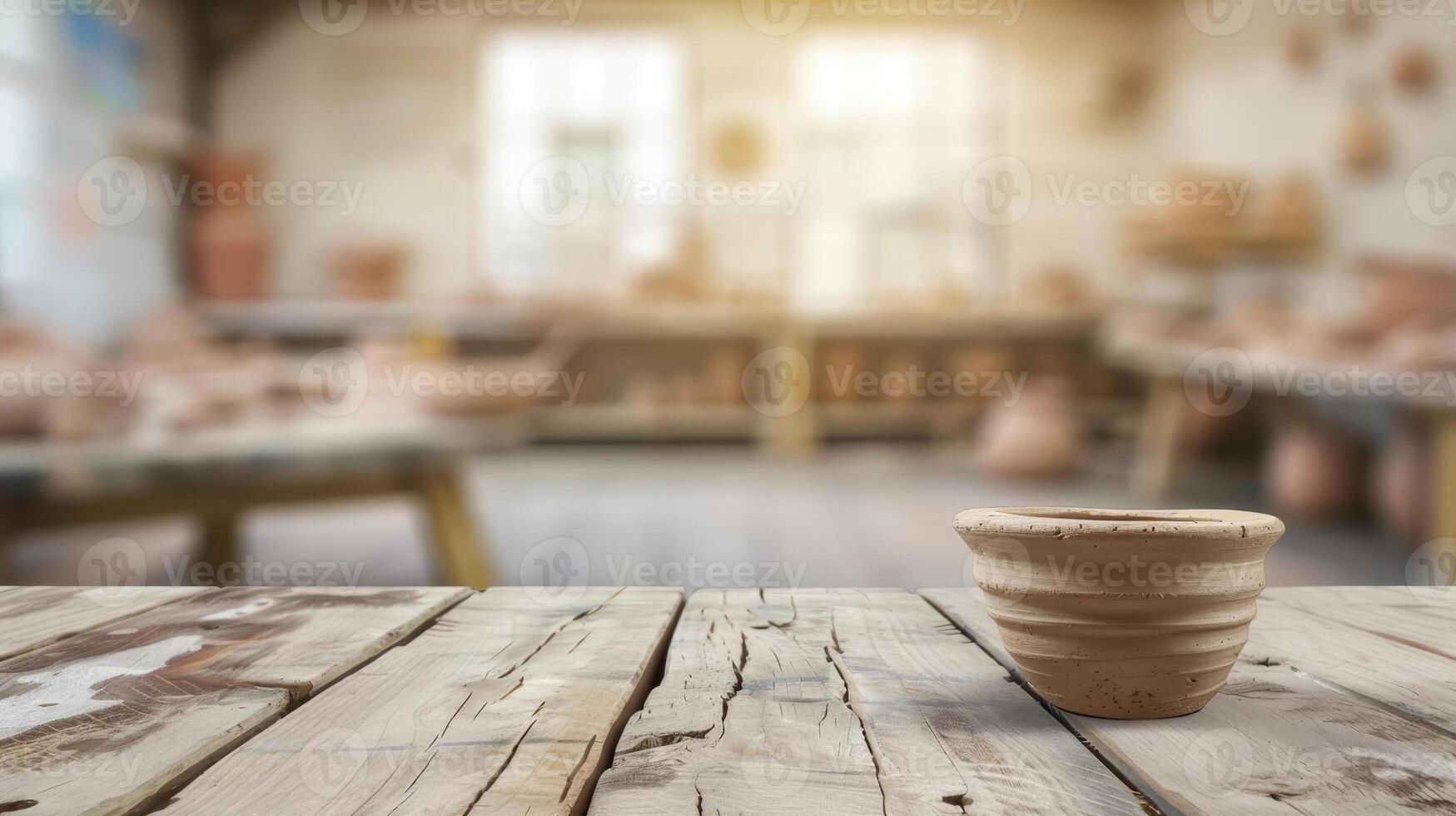 Rustic pottery workshop with wooden table and clay bowl photo