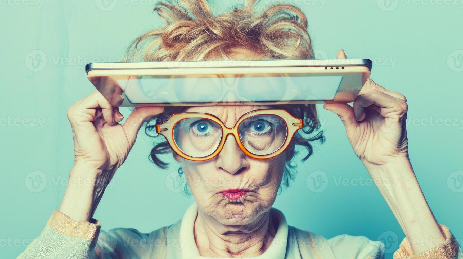 Quirky elderly woman with glasses and tablet displaying playful expression photo