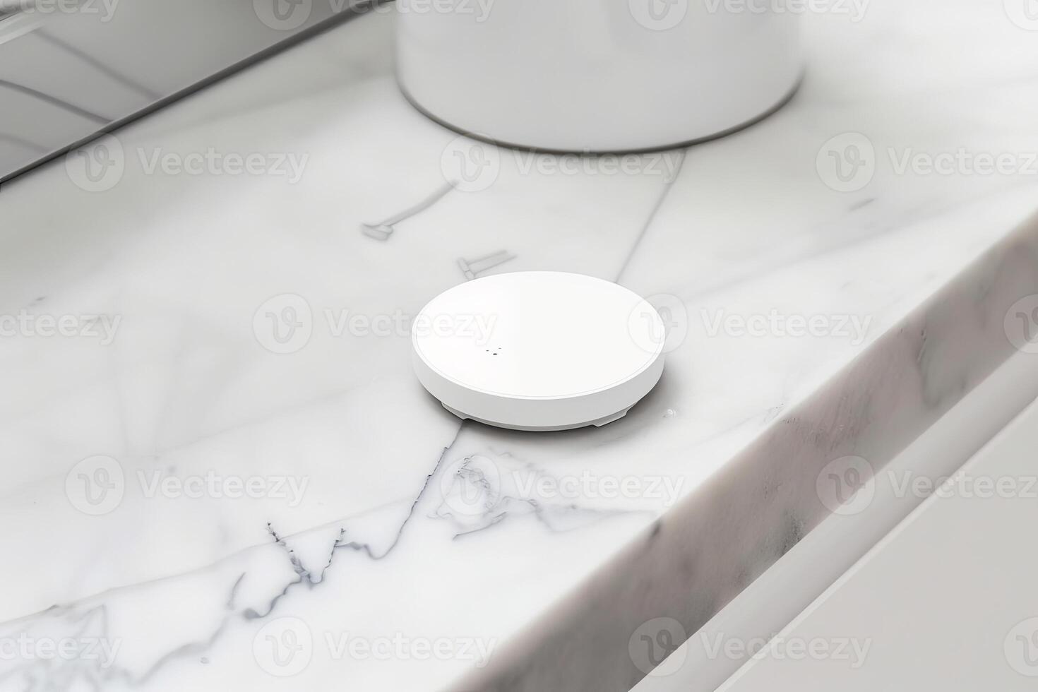 Minimalist smart home sensor on marble countertop in modern bathroom design photo