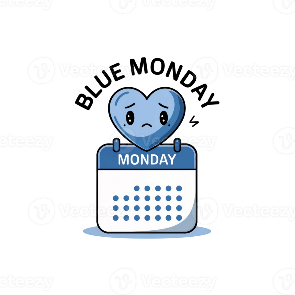 A sad blue heart sits atop a calendar marked Monday, with the words Blue Monday above it. png