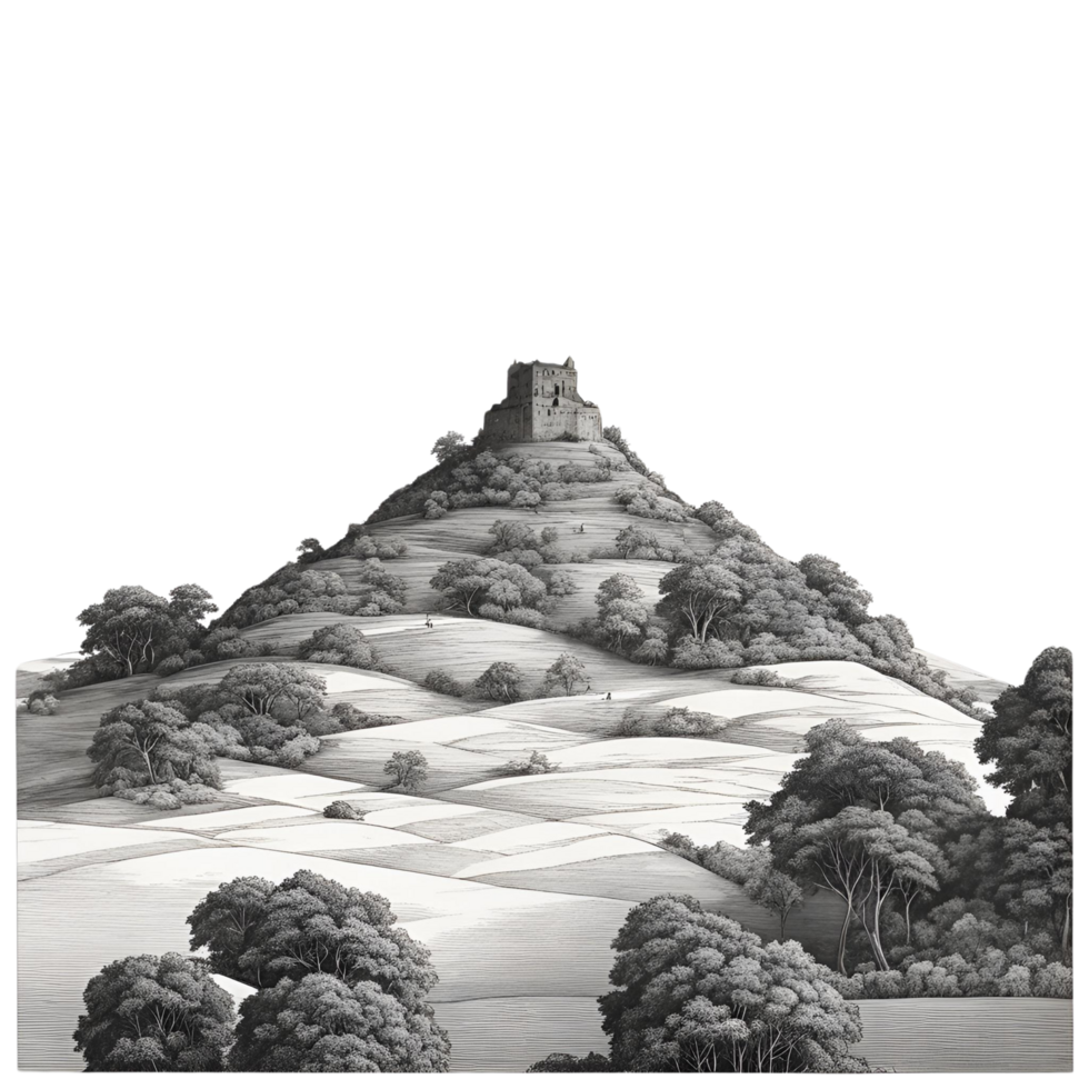 A black and white image of a hill with trees and a castle on top png
