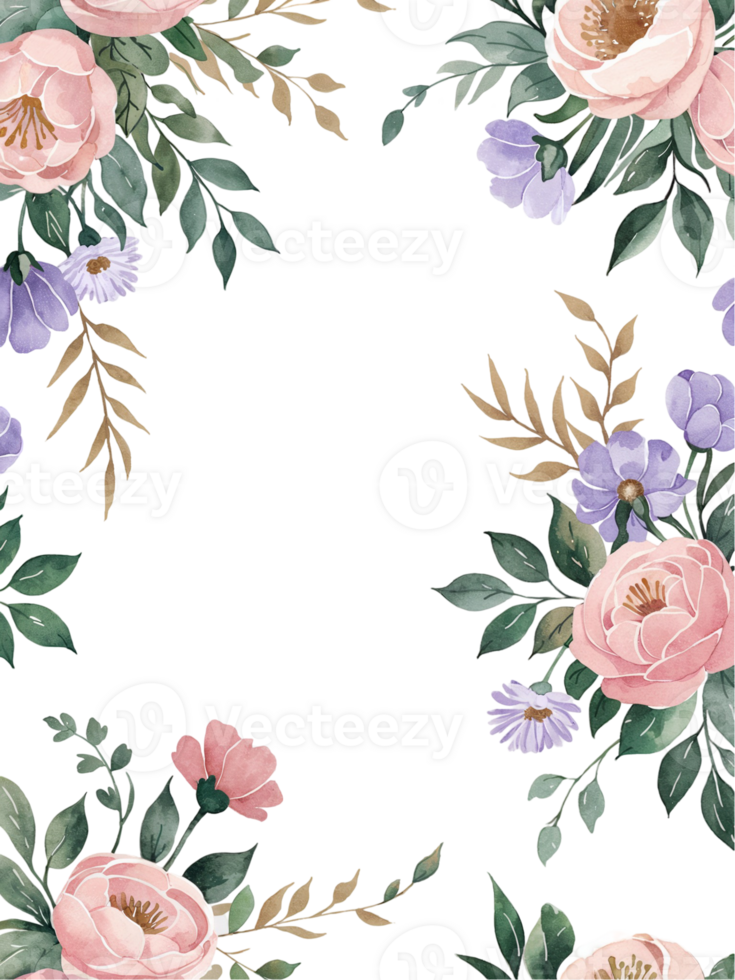 flowers in soft pinks and purples are arranged along the corners, accented by gentle green leaves png