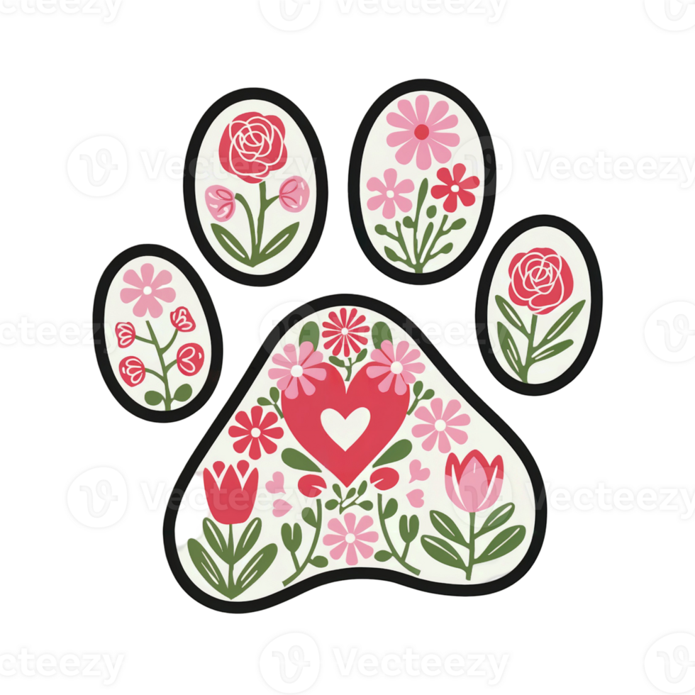A collection of pink and red flowers arranged to form the shape of an animal paw print, with a heart in the center png