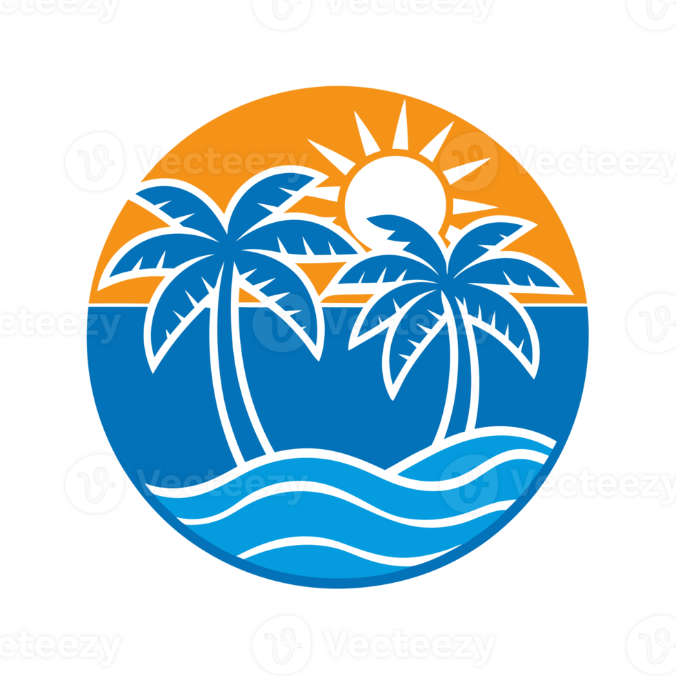 Two palm trees stand against a vibrant sunset, framed by a circular design that incorporates waves and a bright sun png