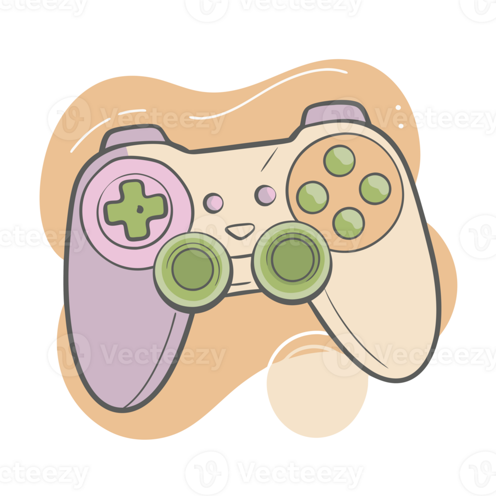 A stylized game controller features soft colors of beige, green, and purple, set against a light abstract background png