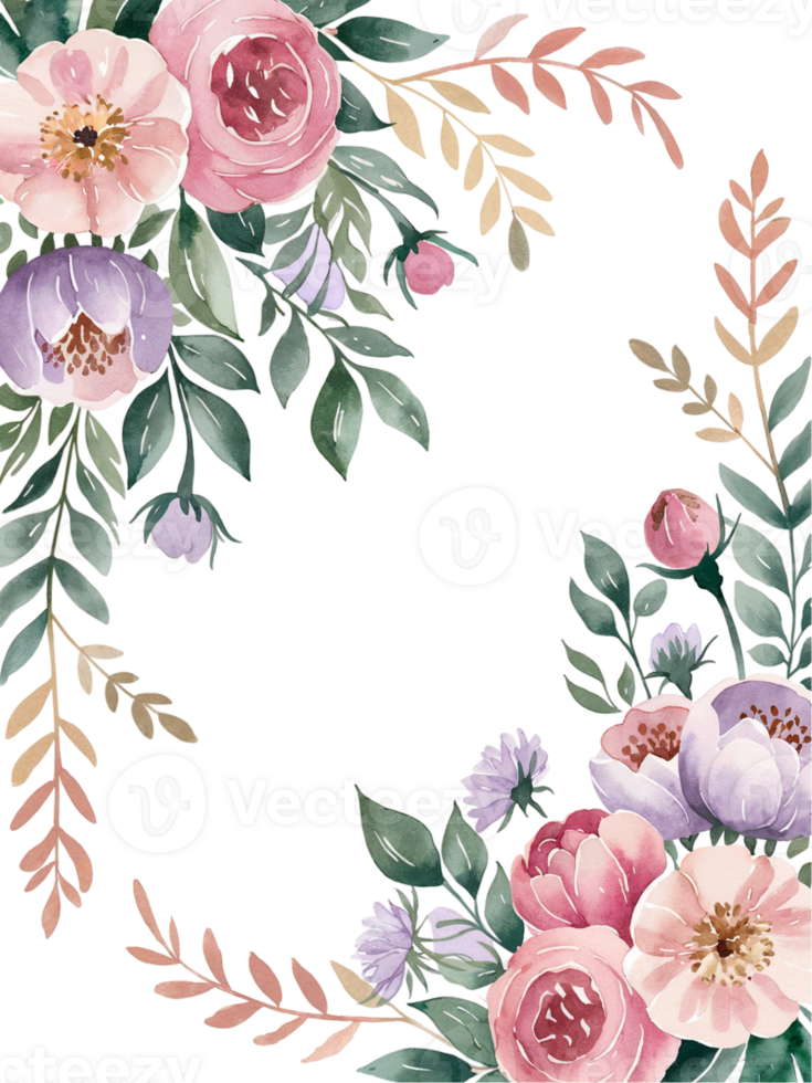 watercolor flowers in soft pinks and purples are arranged along the corners, accented by gentle green leaves png