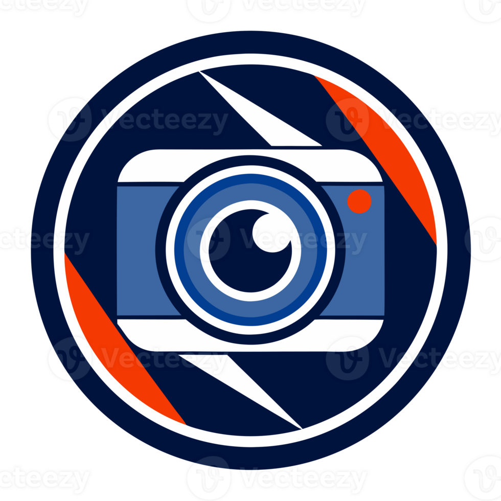 A stylized camera lens is centrally positioned within a circular frame, featuring bold blue, white, and red elemen png