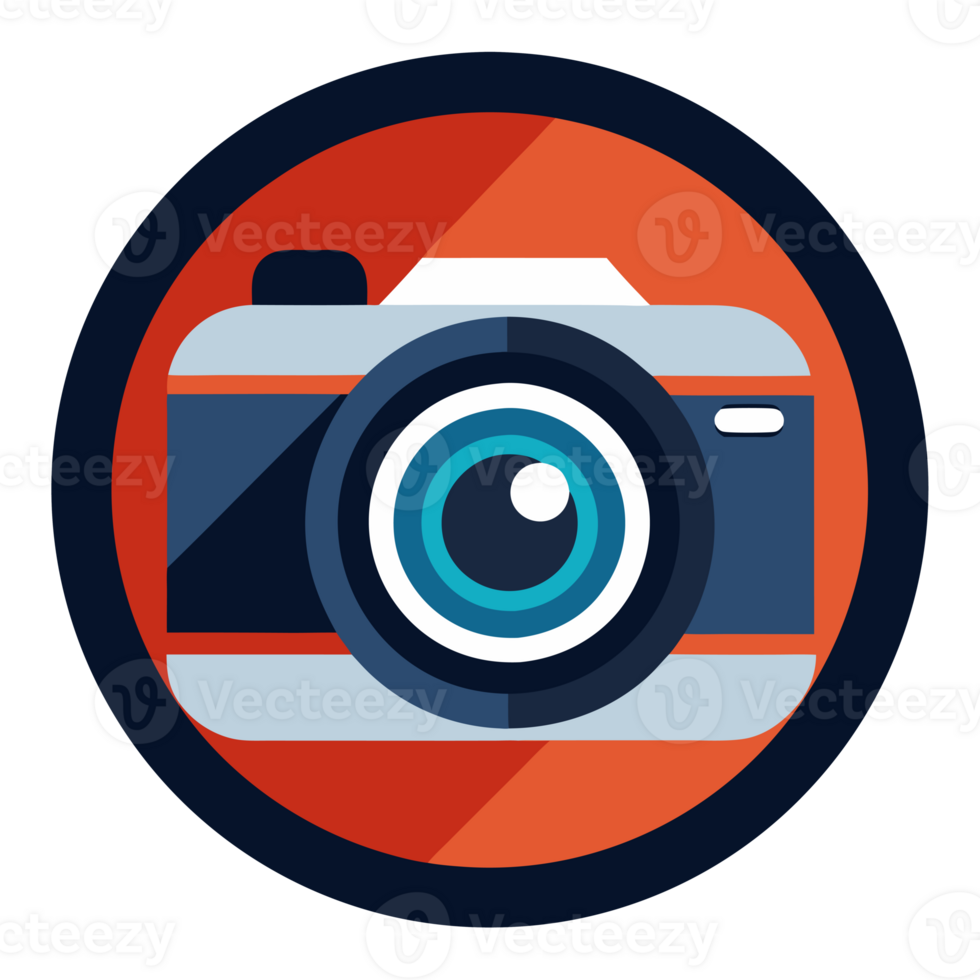 A camera lens is centrally positioned within a circular frame, featuring bold blue, white, and red elemen png