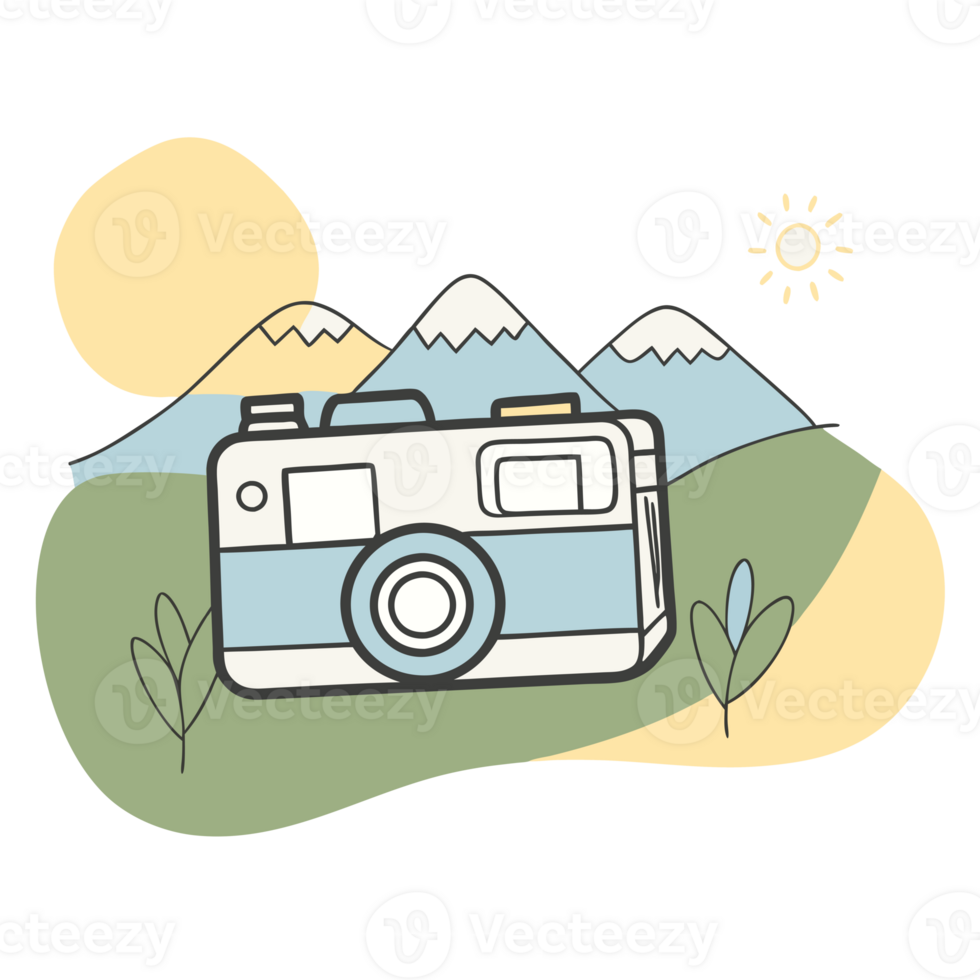 A stylized camera is set against a backdrop of mountains, with a sun shining in the sky. png
