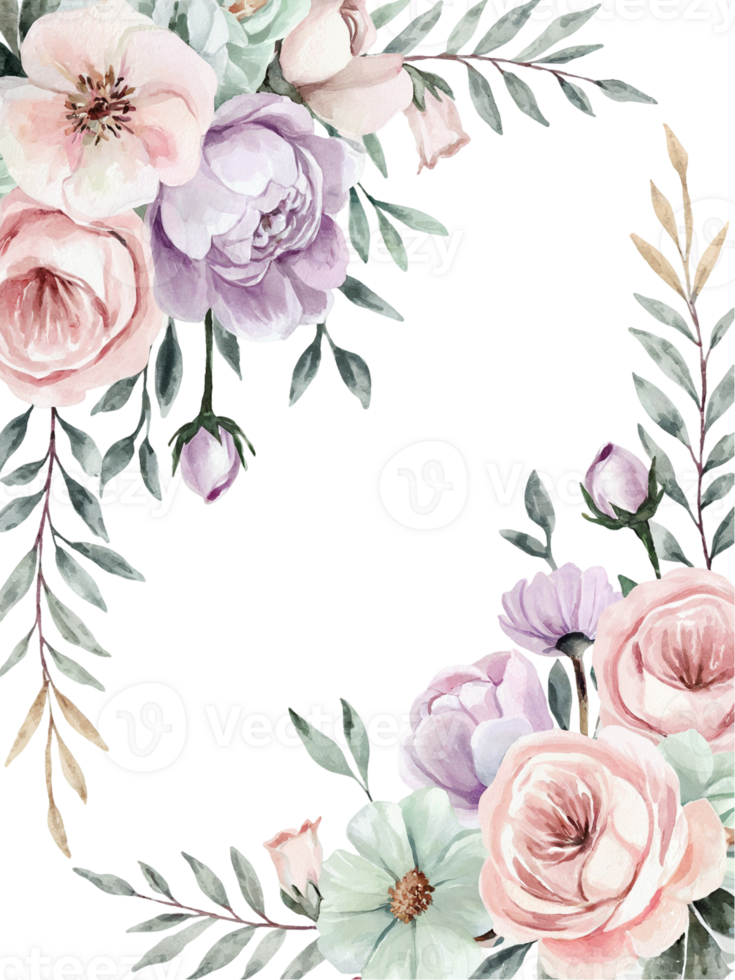 Delicate flowers in soft pinks and purples are arranged along the corners, accented by gentle green leaves png