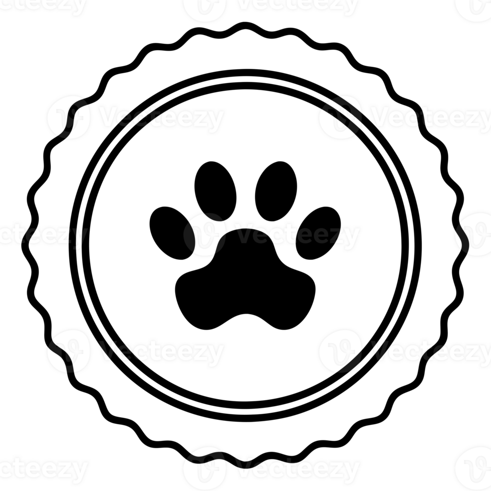 A bold black paw print is centered within a circular seal that features a scalloped edge. png