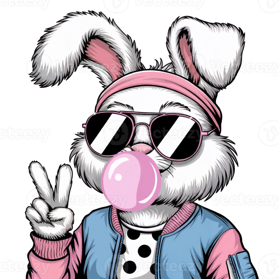 A cool cartoon rabbit wears sunglasses and a pink headband while blowing a bubble with gum png