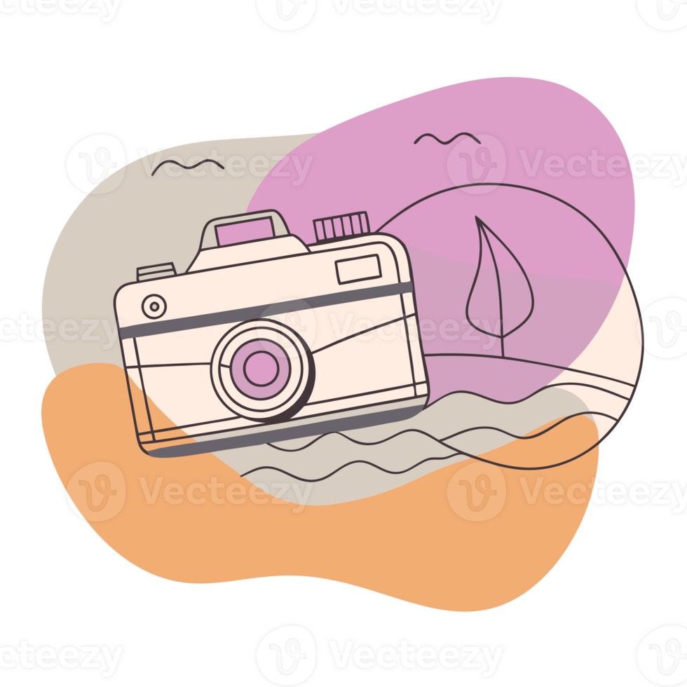 A stylized camera is depicted in front of abstract shapes and a simple landscape scene, including a leaf and hills png