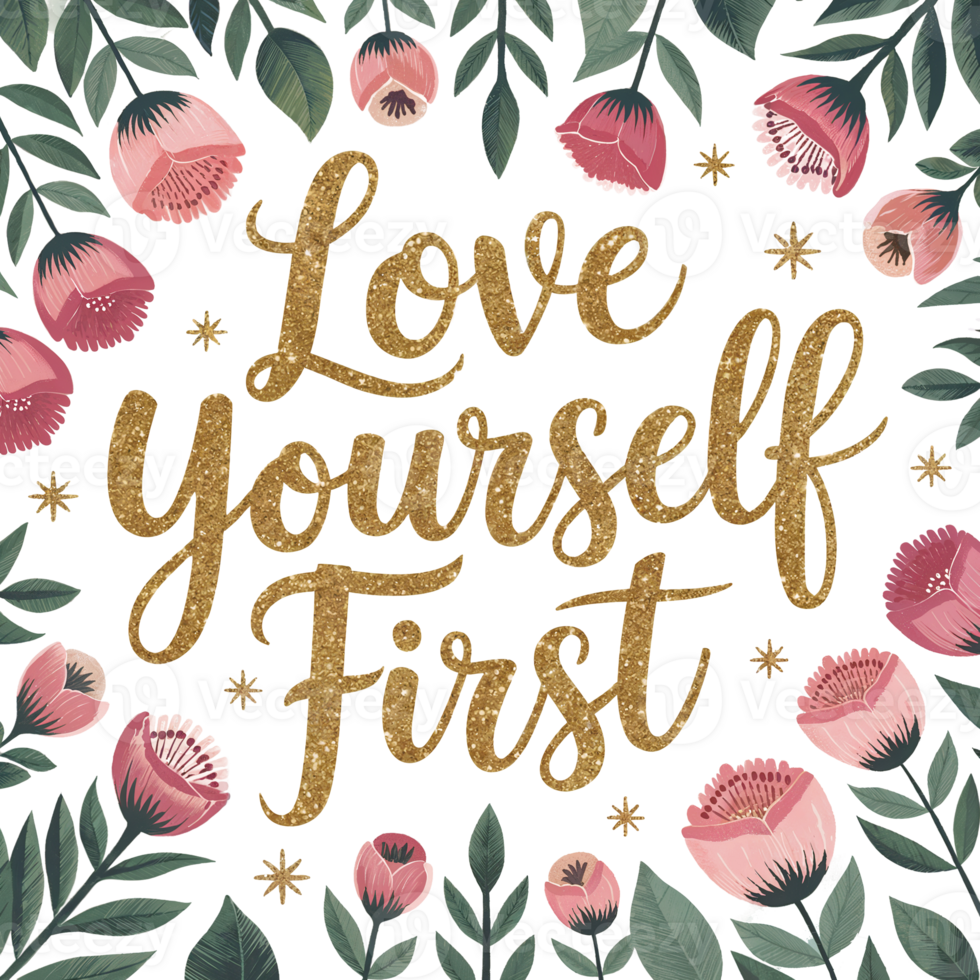 Golden cursive lettering spells out Love Yourself First png