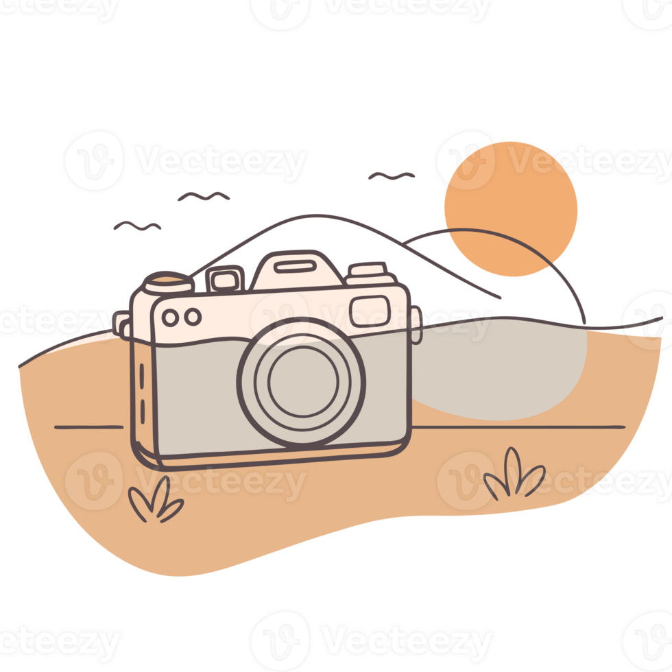 a camera is set against a simple landscape with rolling hills, a sun, and birds in the sk png