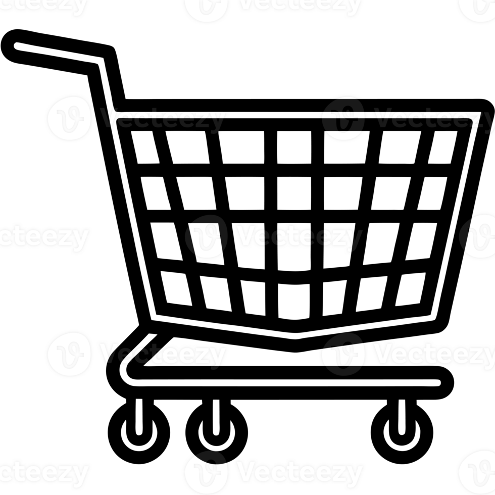 A black line drawing depicts a shopping cart with a grid-like basket and four wheels. png