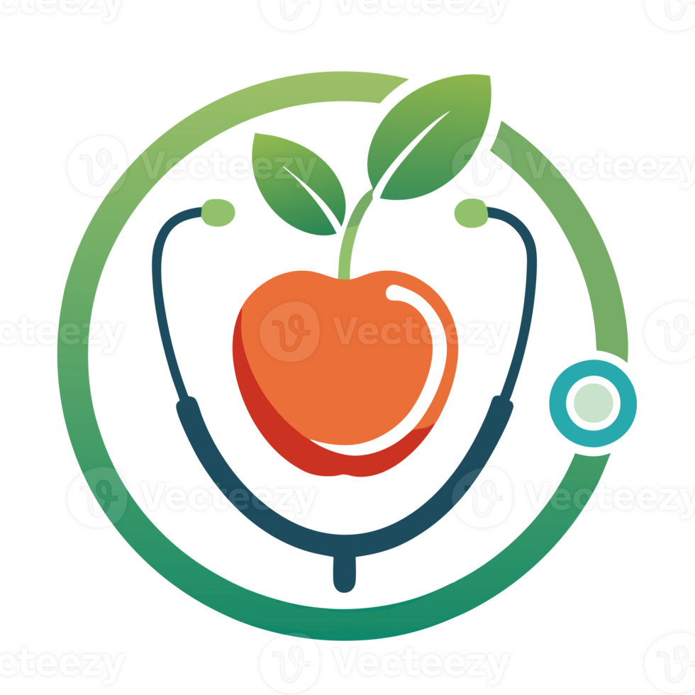 A stethoscope encircles a red apple with two green leaves on top, blending themes of health and nutrition png