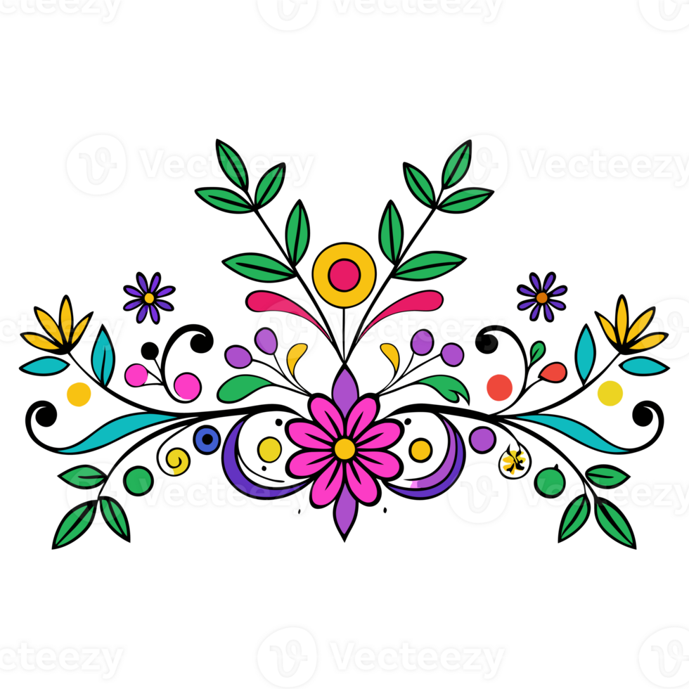 floral patterns intertwine with leaves and swirling vines, creating a symmetrical design png