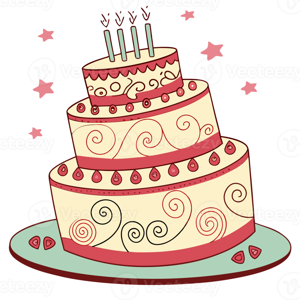 A whimsical, three-tiered cake is adorned with swirling patterns and topped with four candles png