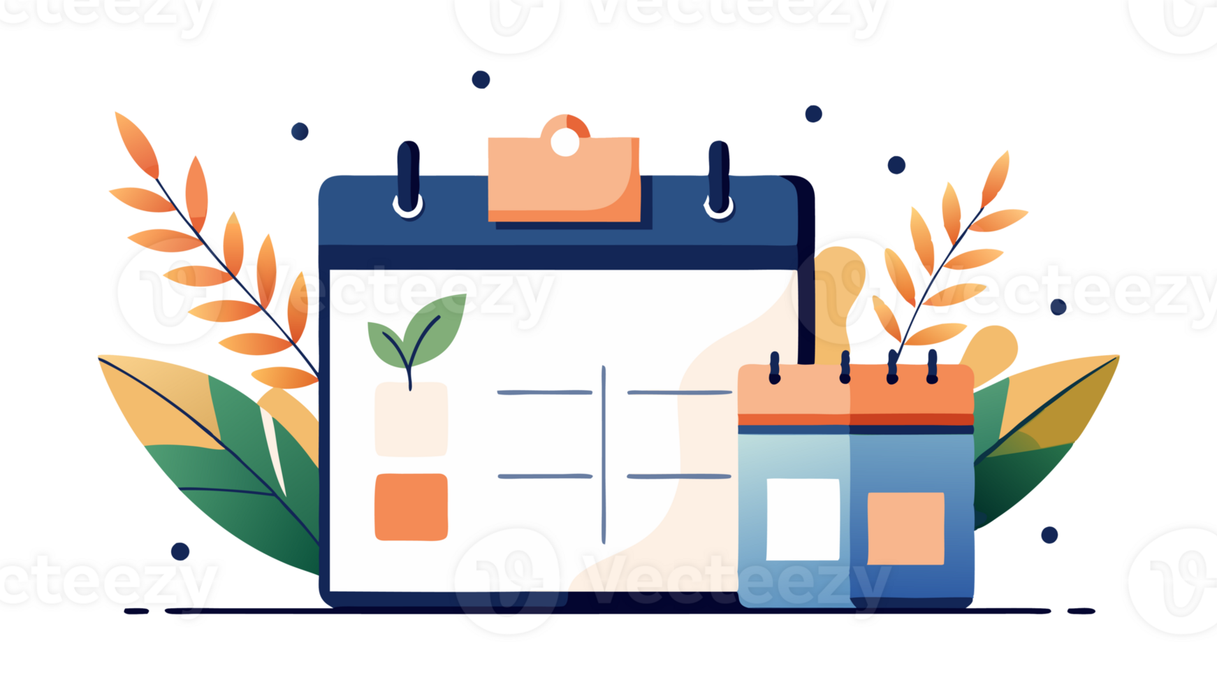 A large clipboard-style calendar is accompanied by a smaller standing calendar png