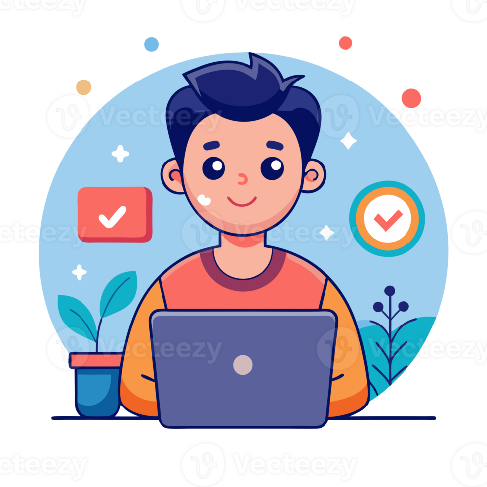 character is working on a laptop with a background of colorful, geometric shapes png