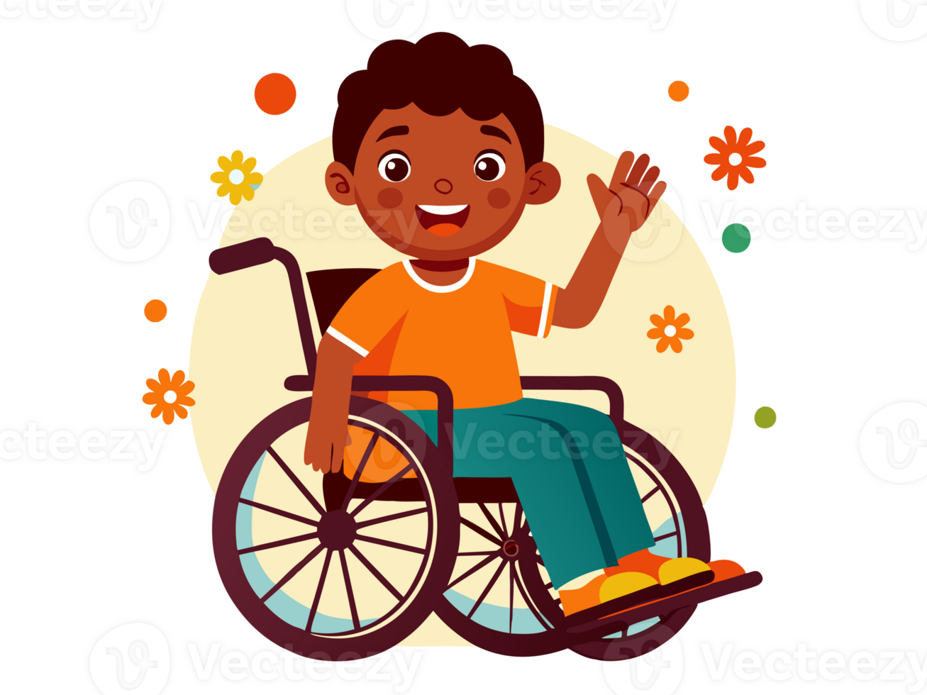 child is seated in a wheelchair, waving and surrounded by colorful flowers and dots png