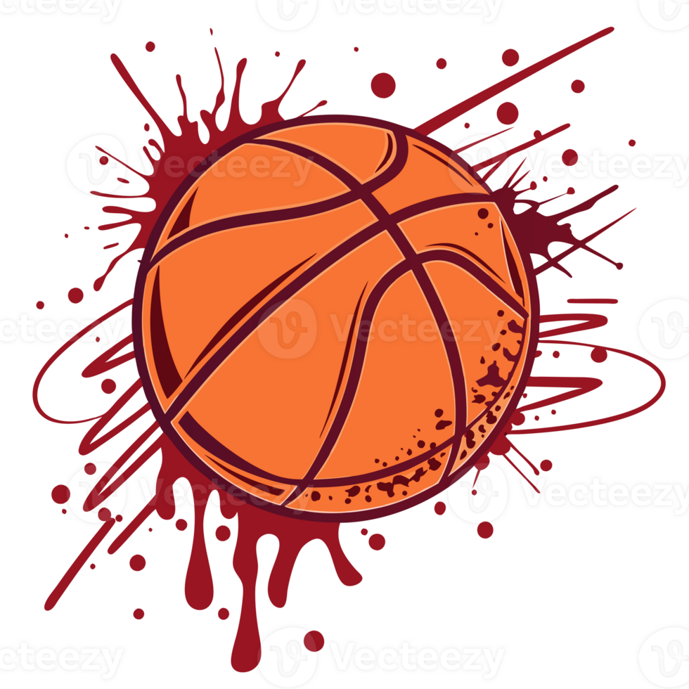 A basketball is centered with bold lines, surrounded by dynamic splashes and splatters of red png