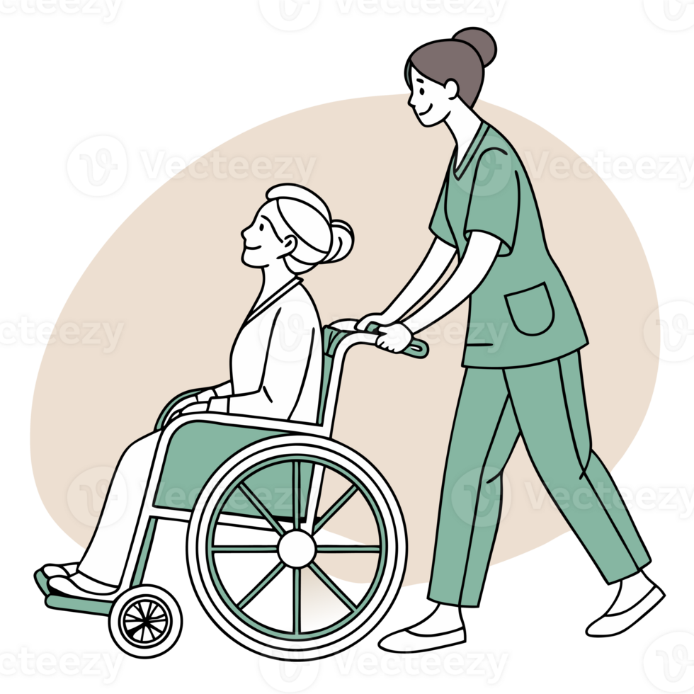 A caregiver assists an elderly person in a wheelchair, showcasing support and compassion png