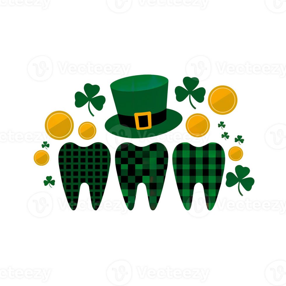 Three plaid-patterned teeth are adorned with a green leprechaun hat and surrounded by shamrocks and golden coins png