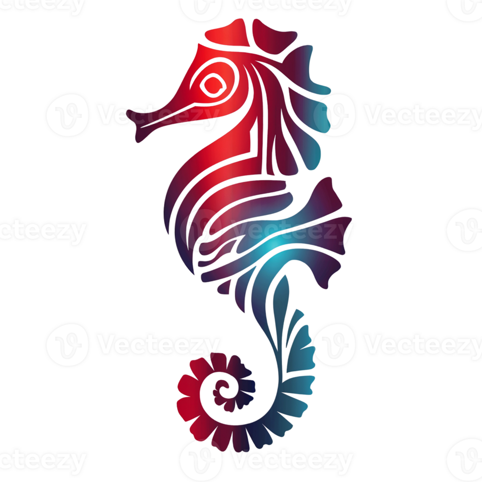 A stylized seahorse design features flowing lines and vibrant gradients of red and blue png