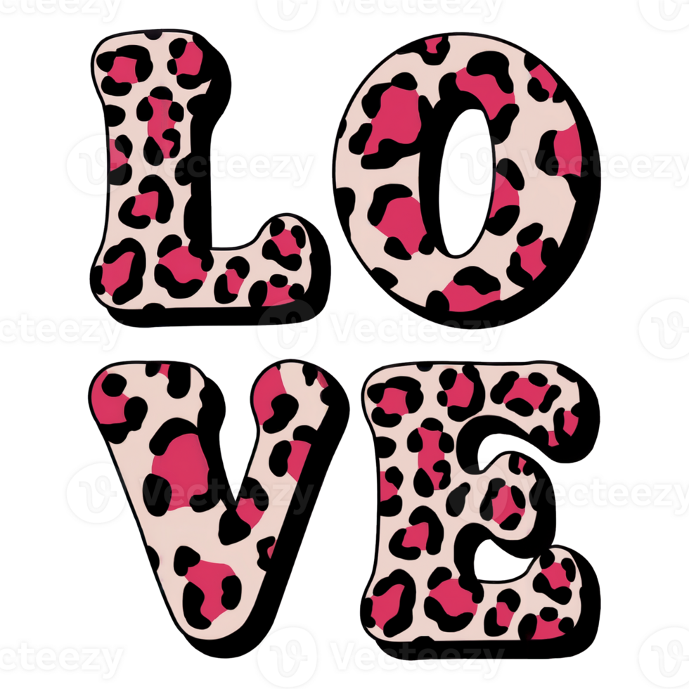 Bold letters spell out the word LOVE with an eye-catching pink and black leopard print pattern png