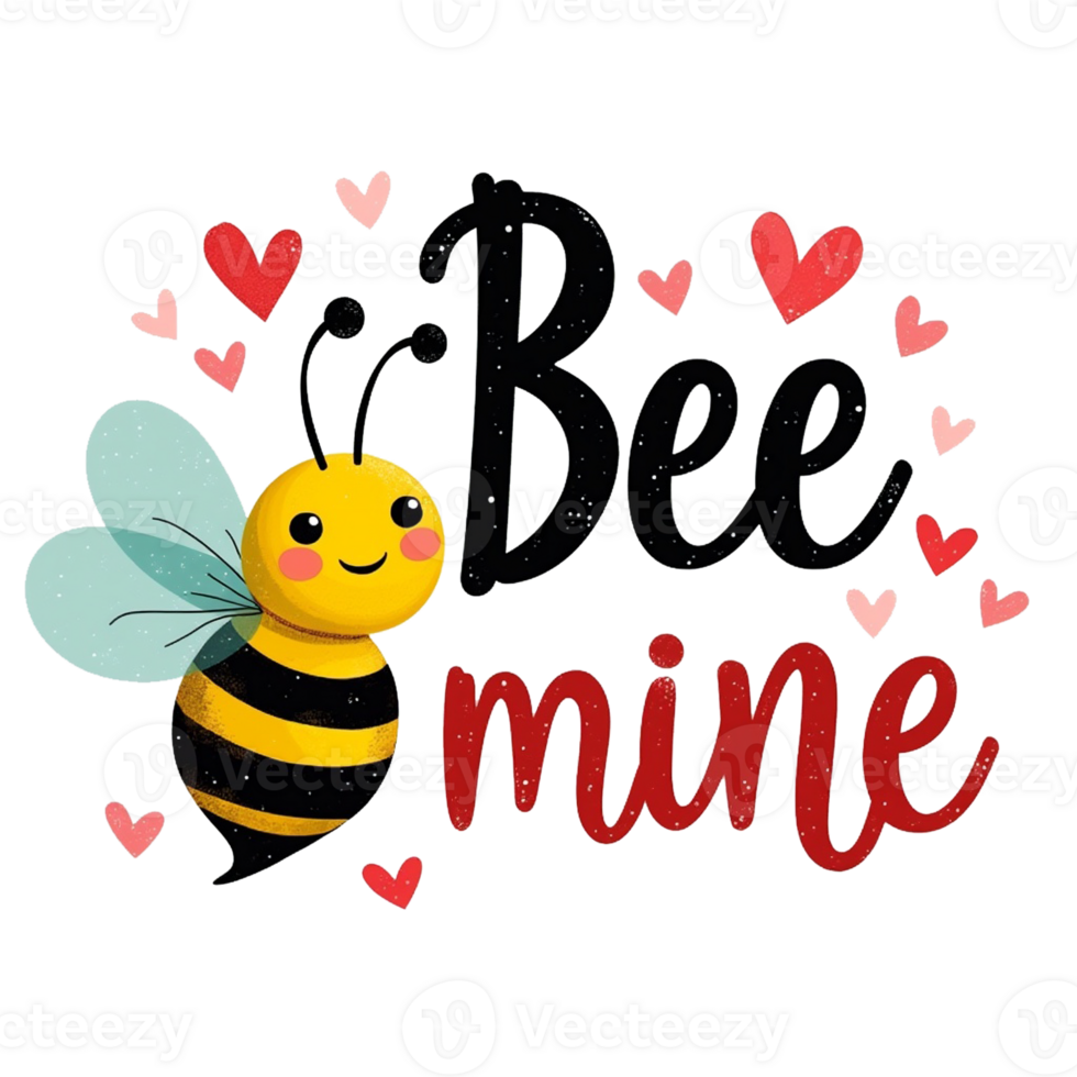 A cute bee with a smiling face is surrounded by small red and pink phrase Bee mine png