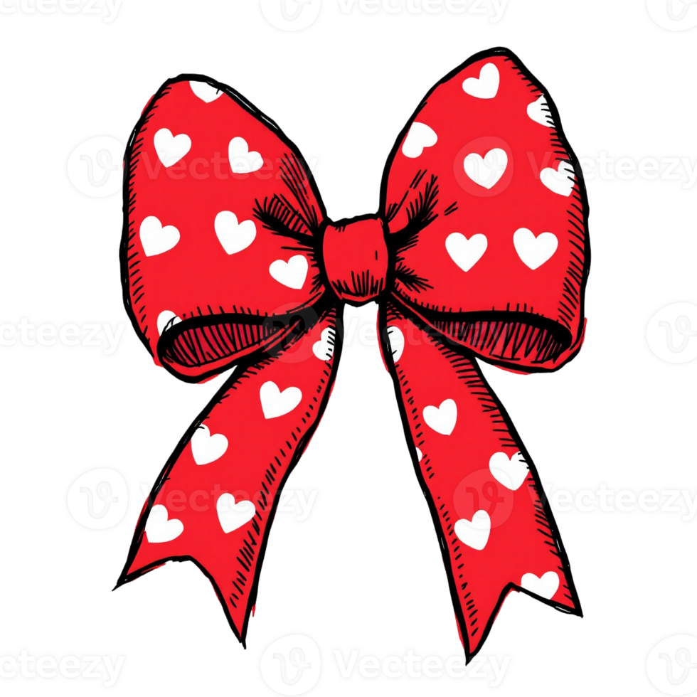 A vibrant red bow is adorned with white heart patterns, creating a playful and romantic theme png