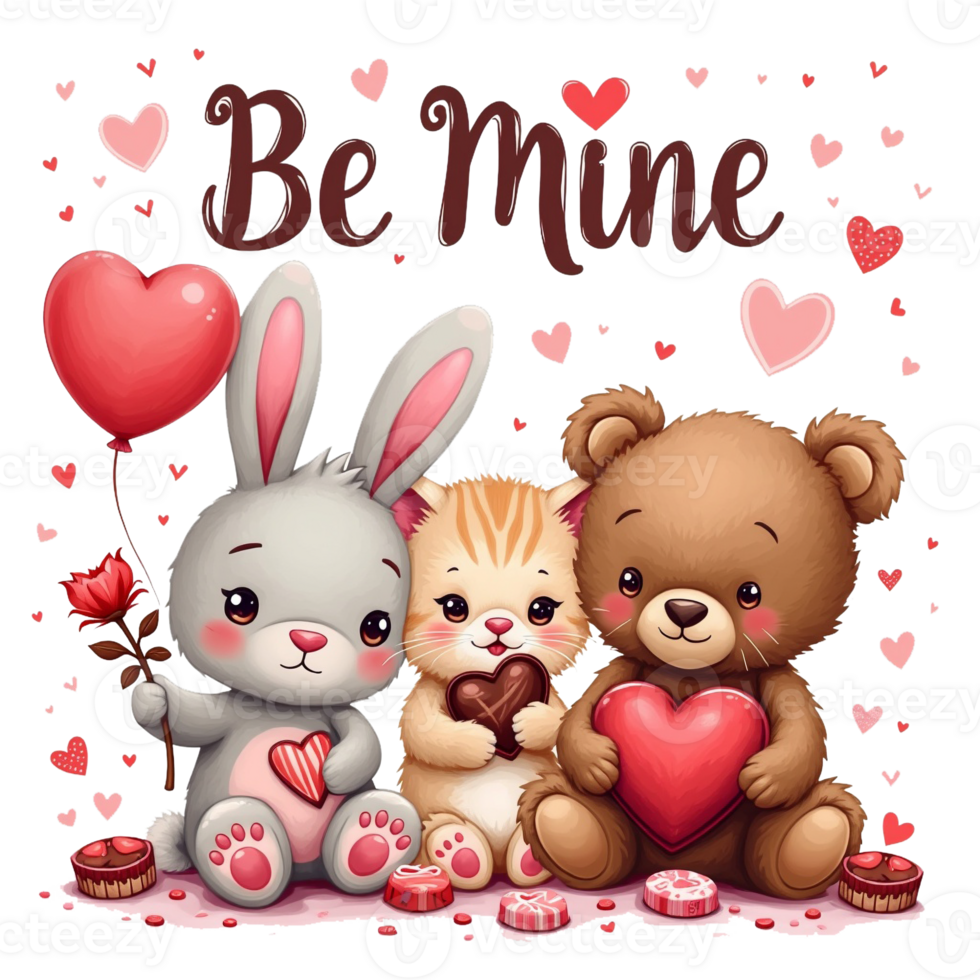Adorable animals, including a bunny, kitten, and bear, hold hearts and sweets, Be Mine png