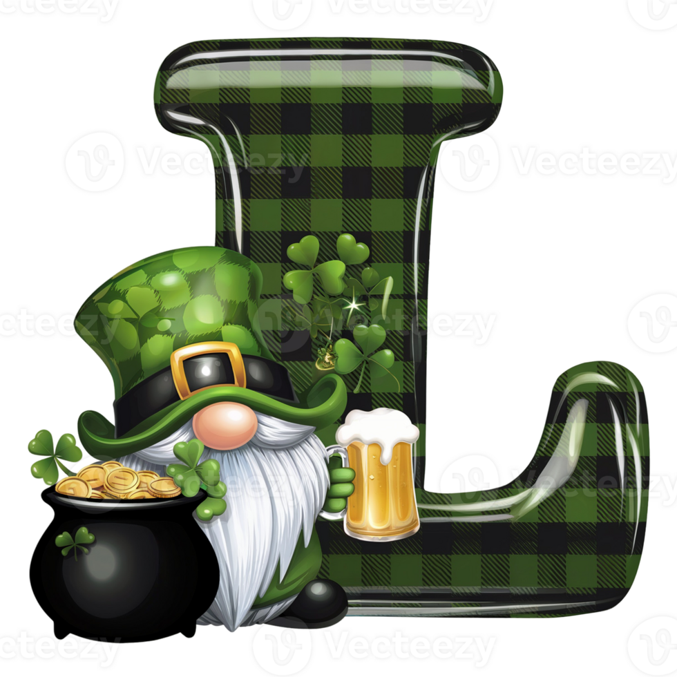 a leprechaun in a green hat sits next to a pot of gold, holding a beer next to a checkered letter l cutouts png