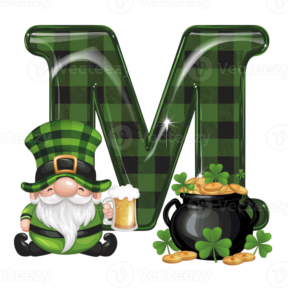 a leprechaun in a green hat sits next to a pot of gold, holding a beer next to a checkered letter m cutouts png