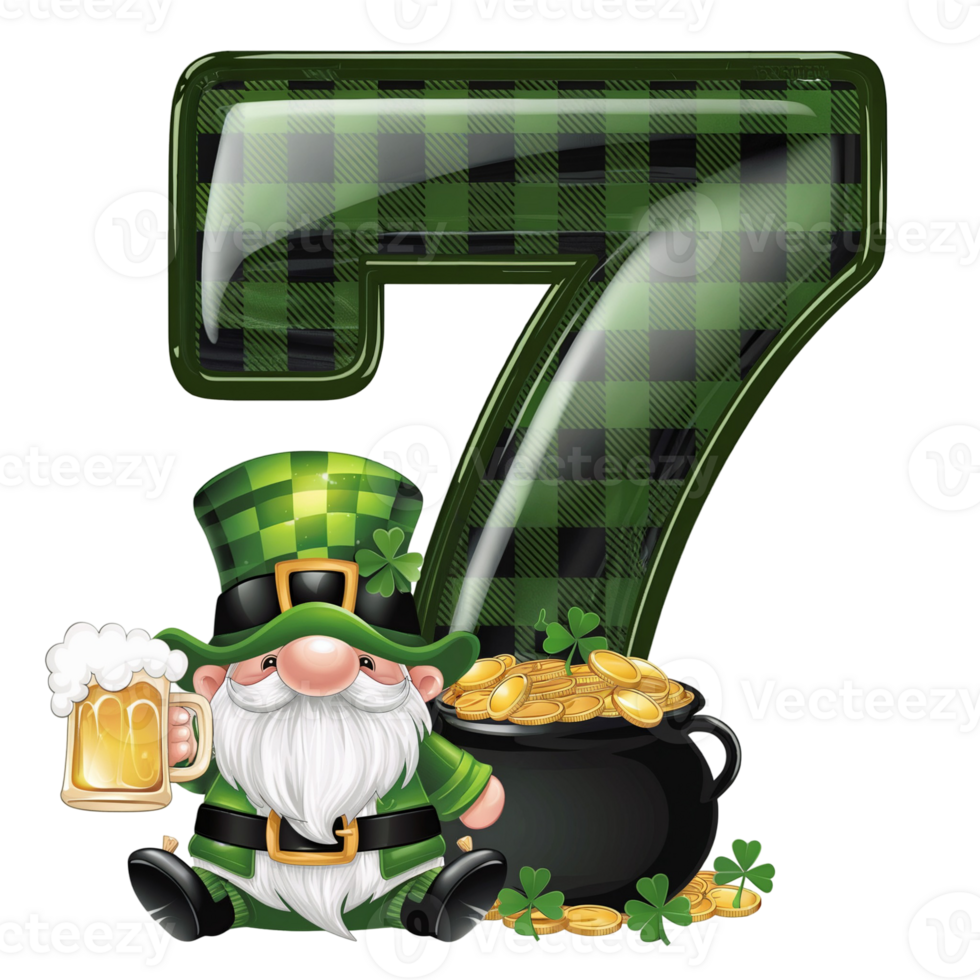 a leprechaun in a green hat sits next to a pot of gold, holding a beer next to a squared number 7 cutouts png
