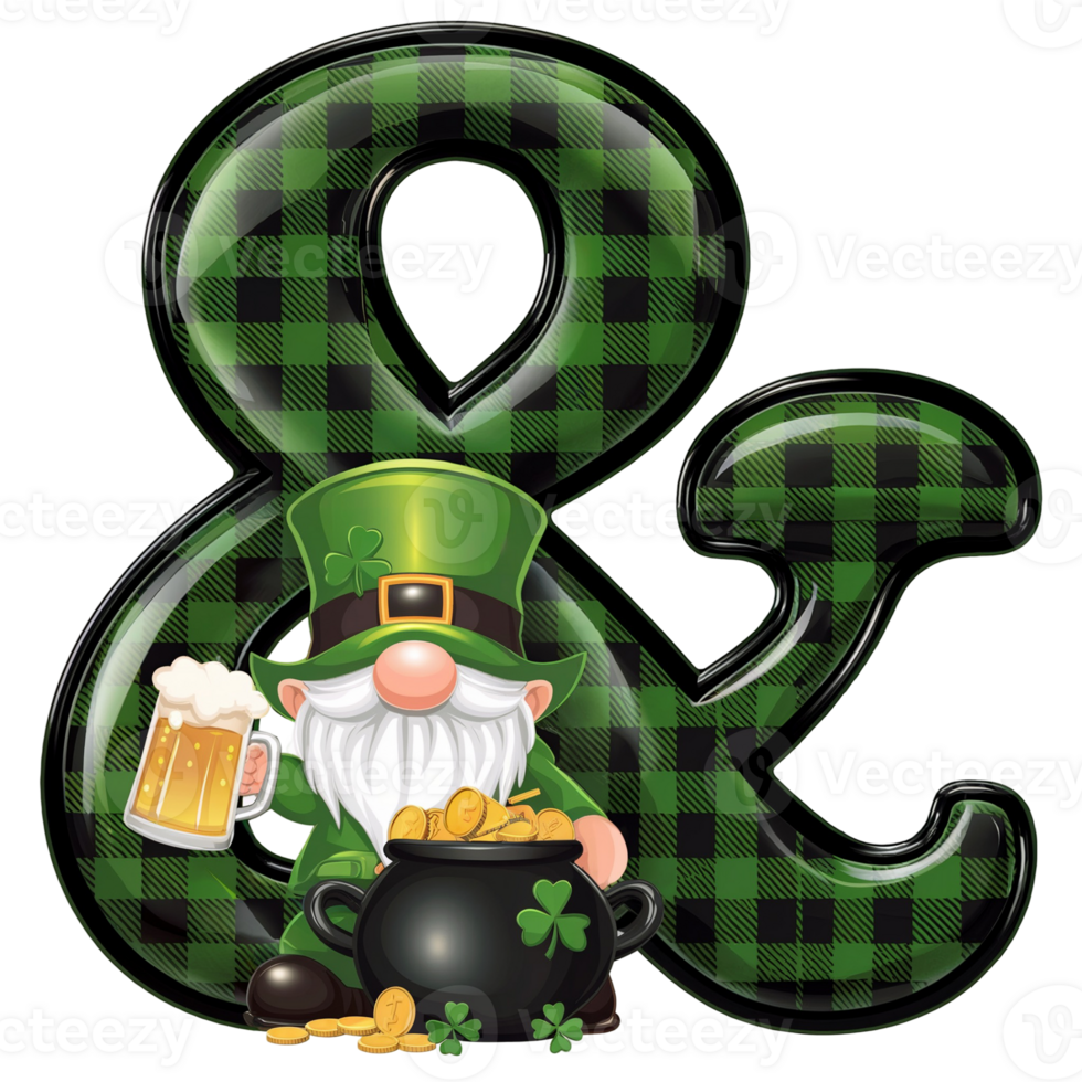 a leprechaun in a green hat sits next to a pot of gold, holding a beer next to a checkered sign cutouts png
