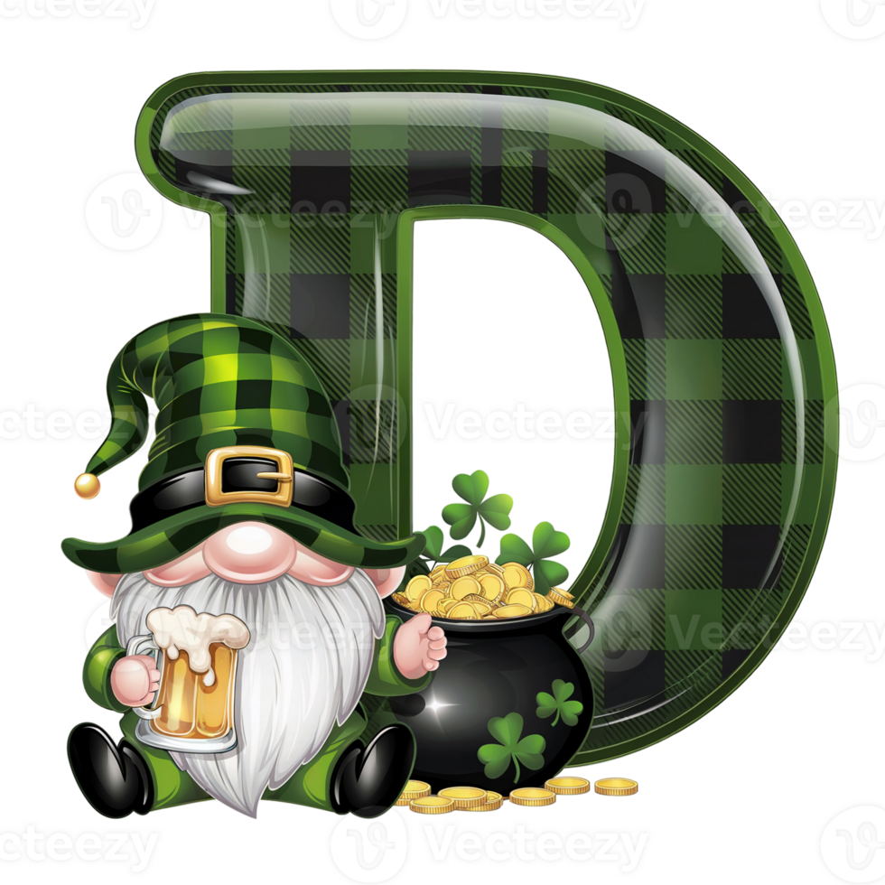 a leprechaun in a green hat sits next to a pot of gold, holding a beer next to a checkered letter d cutouts png