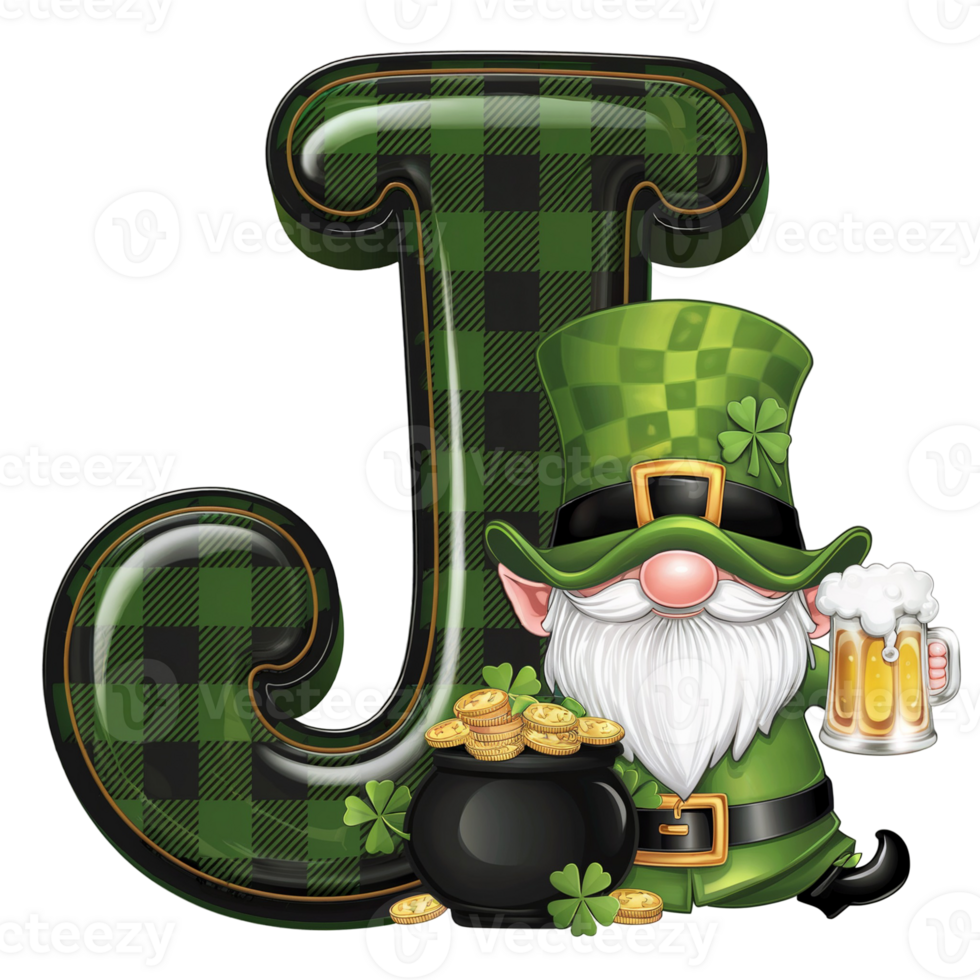 a leprechaun in a green hat sits next to a pot of gold, holding a beer next to a checkered letter j cutouts png