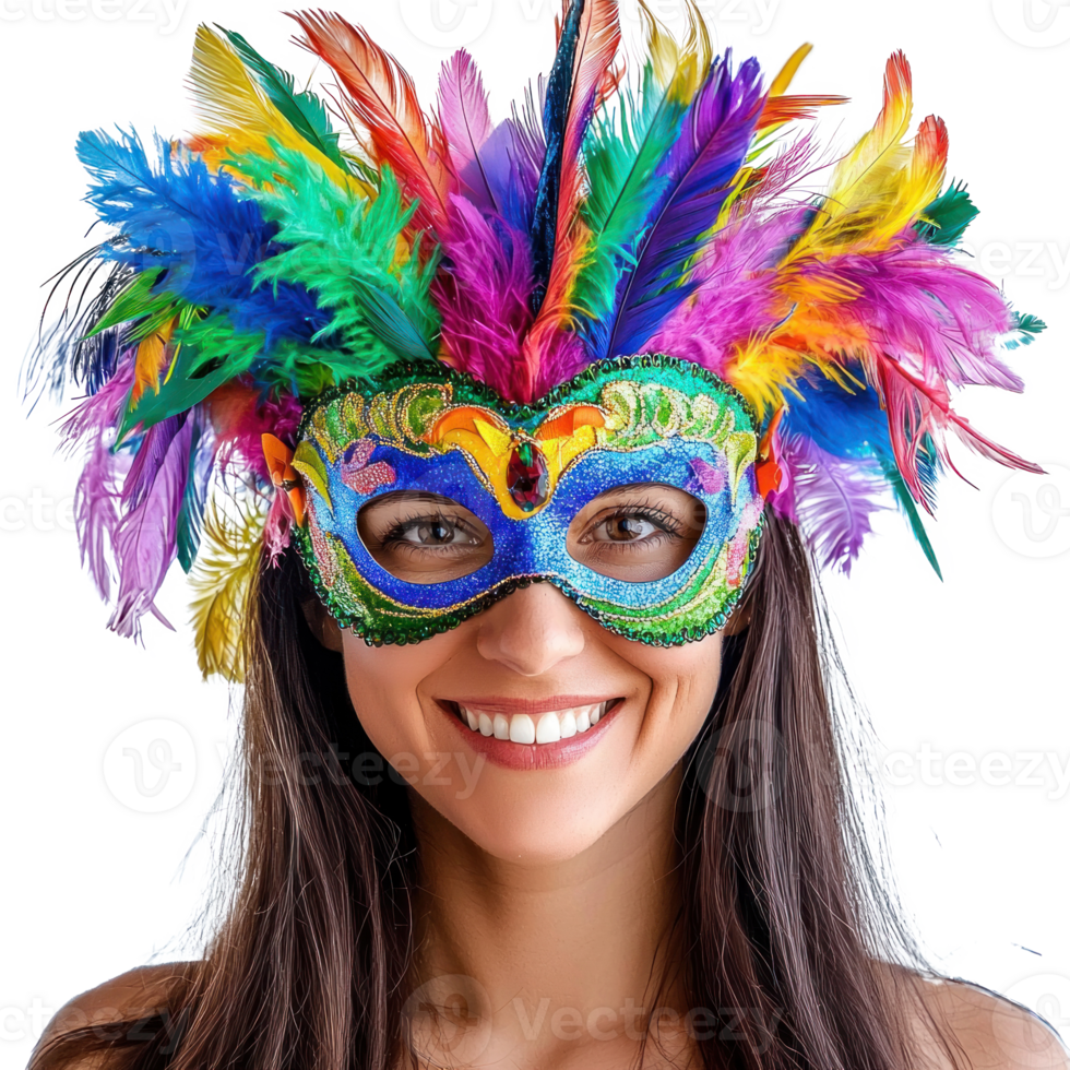 a woman wearing a colorful carnival mask png