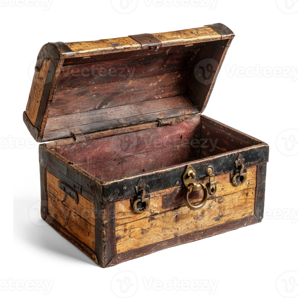 Old treasure chest open top view isolate on transparent background png